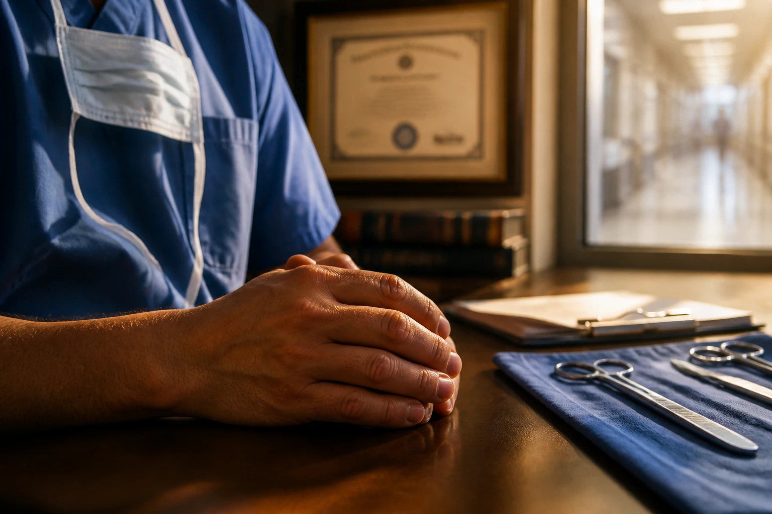 Close-up of a surgeon's hands on a desk with a blurred certificate in the background, symbolizing licensing and USMLE steps