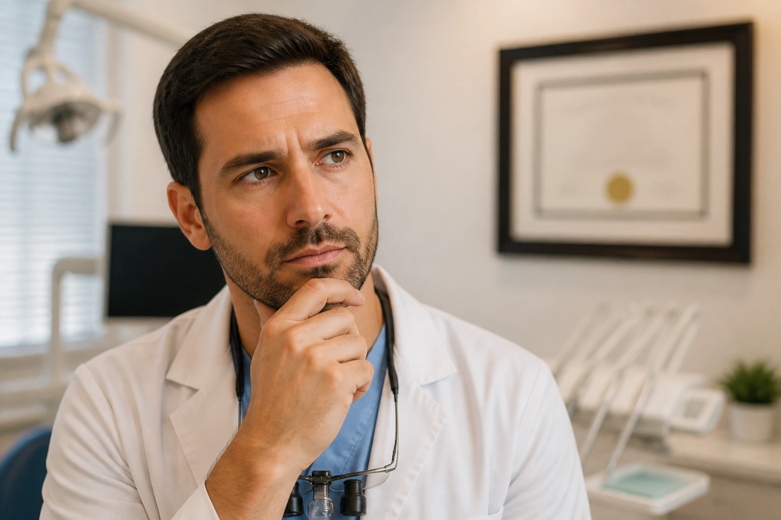 Dentist portrait with license context in background