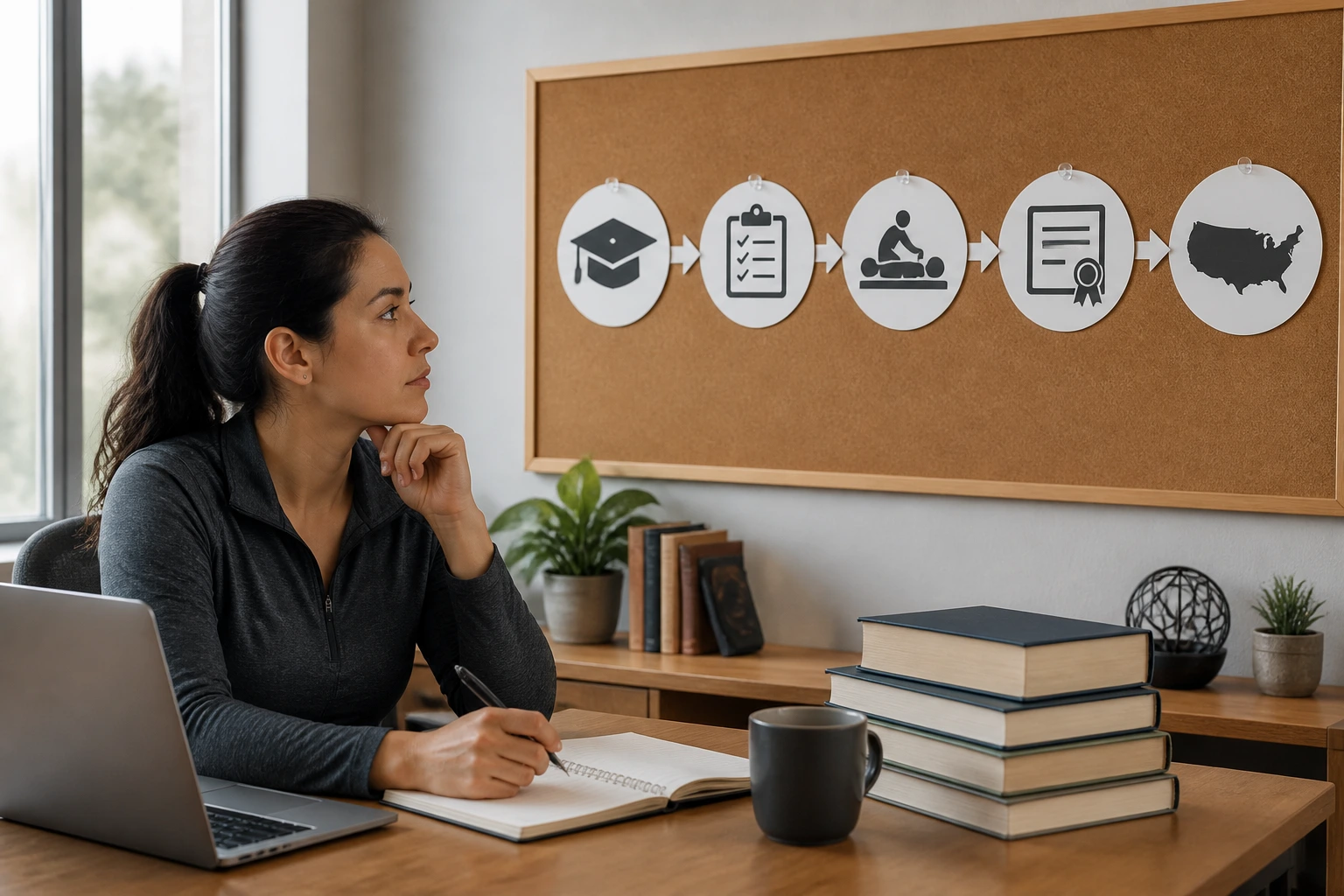 Candidate at a desk with a corkboard showing licensing icons behind, no text visible
