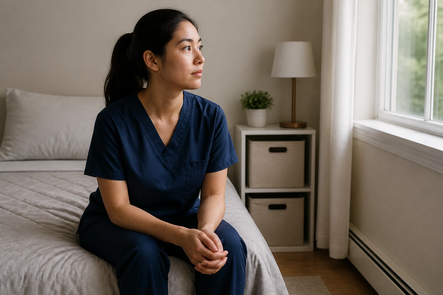 Person in a private bedroom representing post arrival living conditions