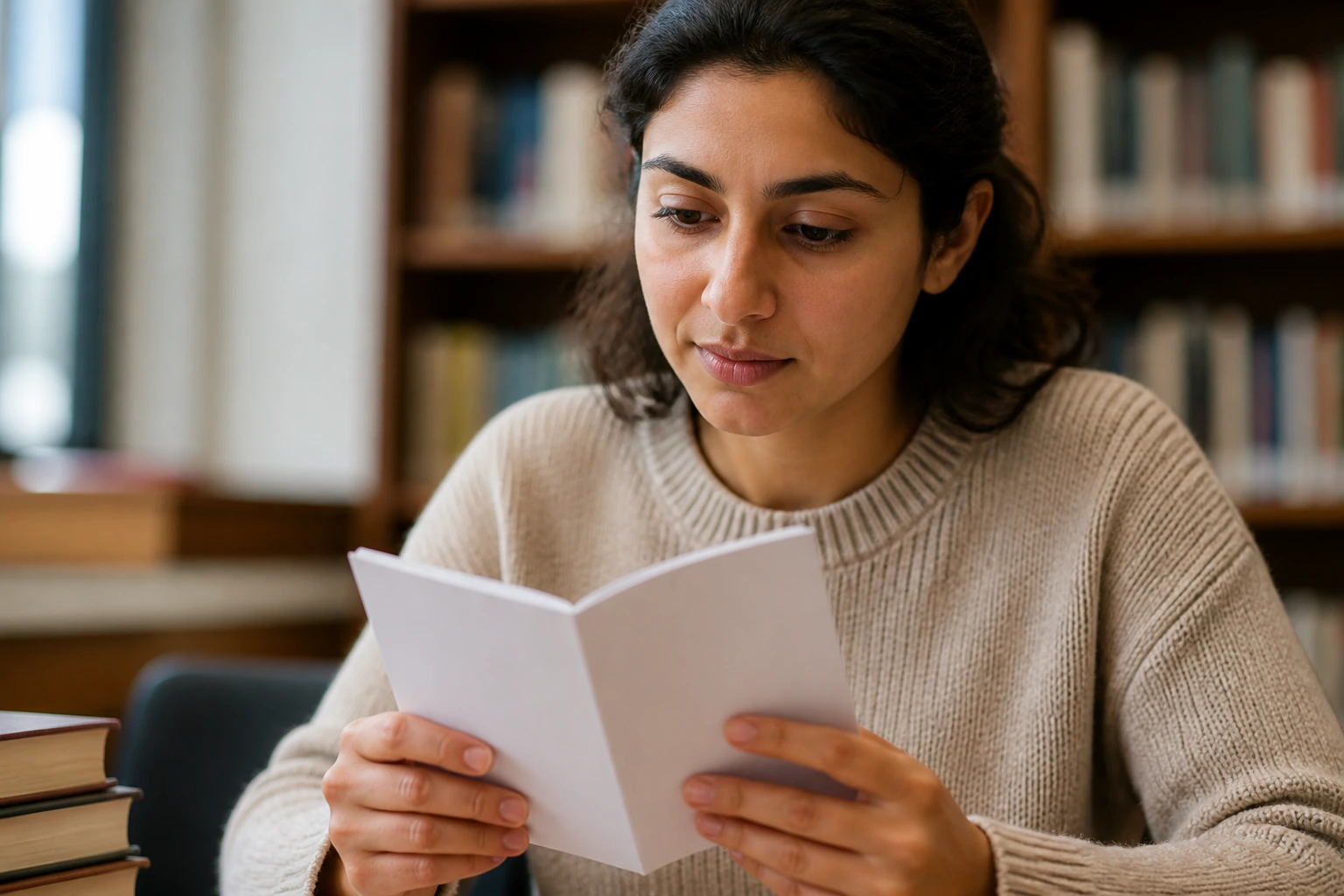 Person studying in library holding a blank booklet