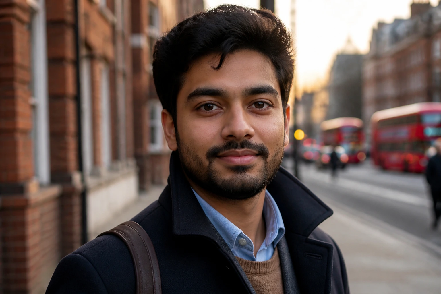 Close-up portrait of a person representing life in the UK, urban city setting and work-life balance cues