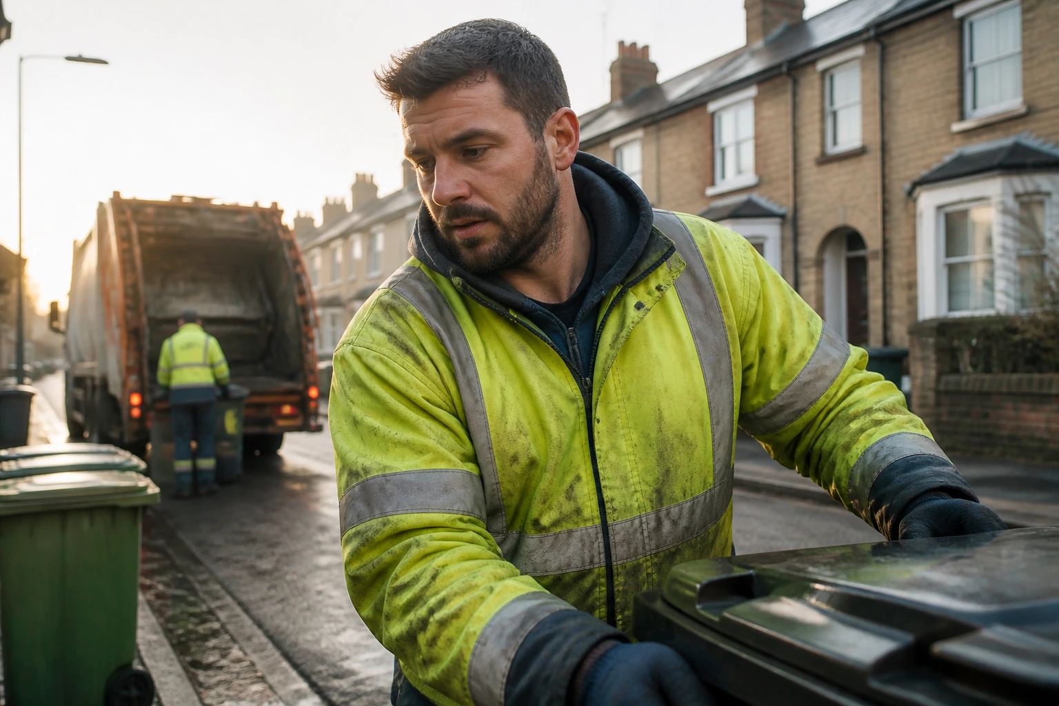 Waste worker in hi-vis on a street with bins at dawn