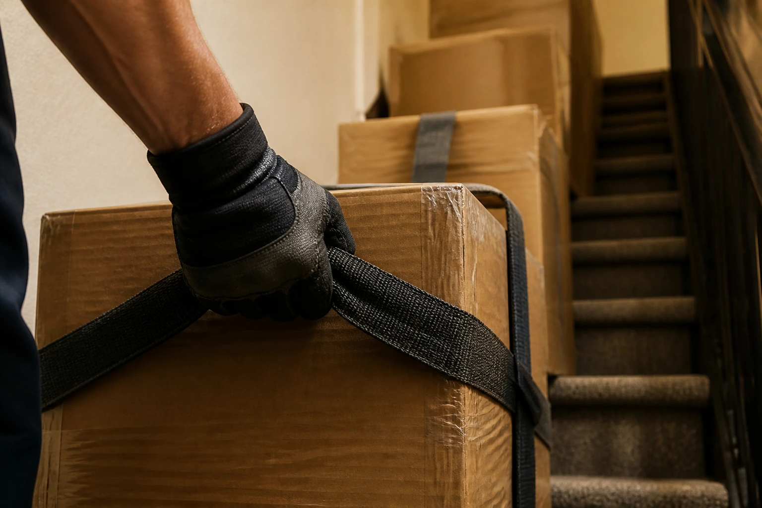 Gloved hand gripping strap lifting a heavy box on stairs
