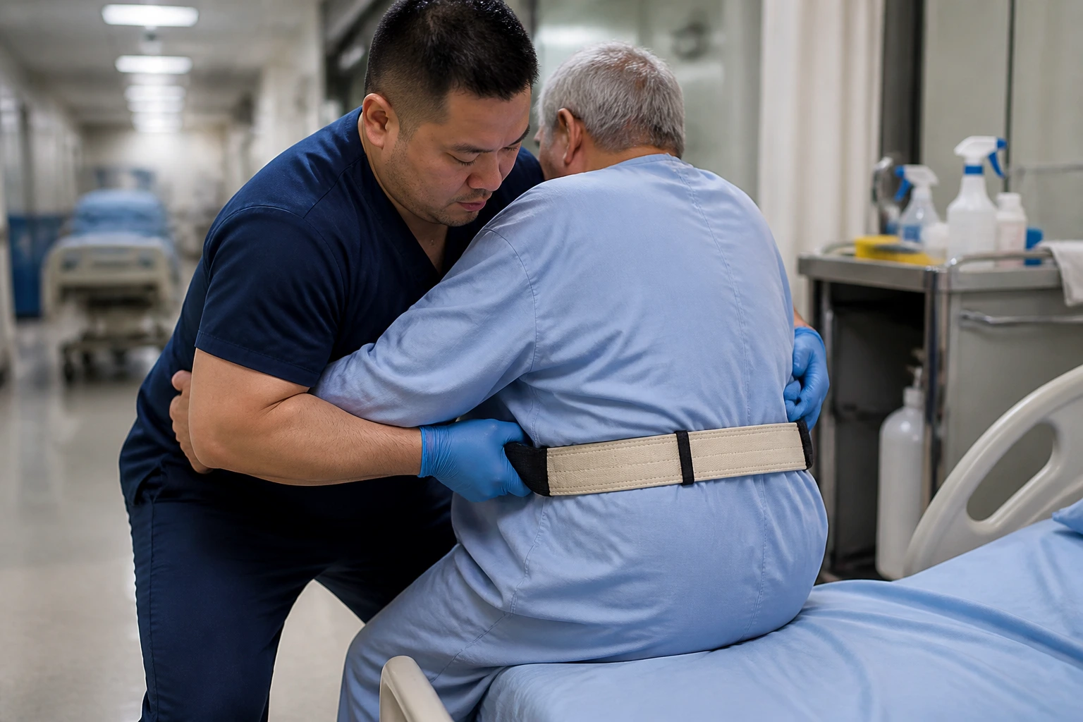 Close-up of a hospital orderly lifting a patient in a corridor.