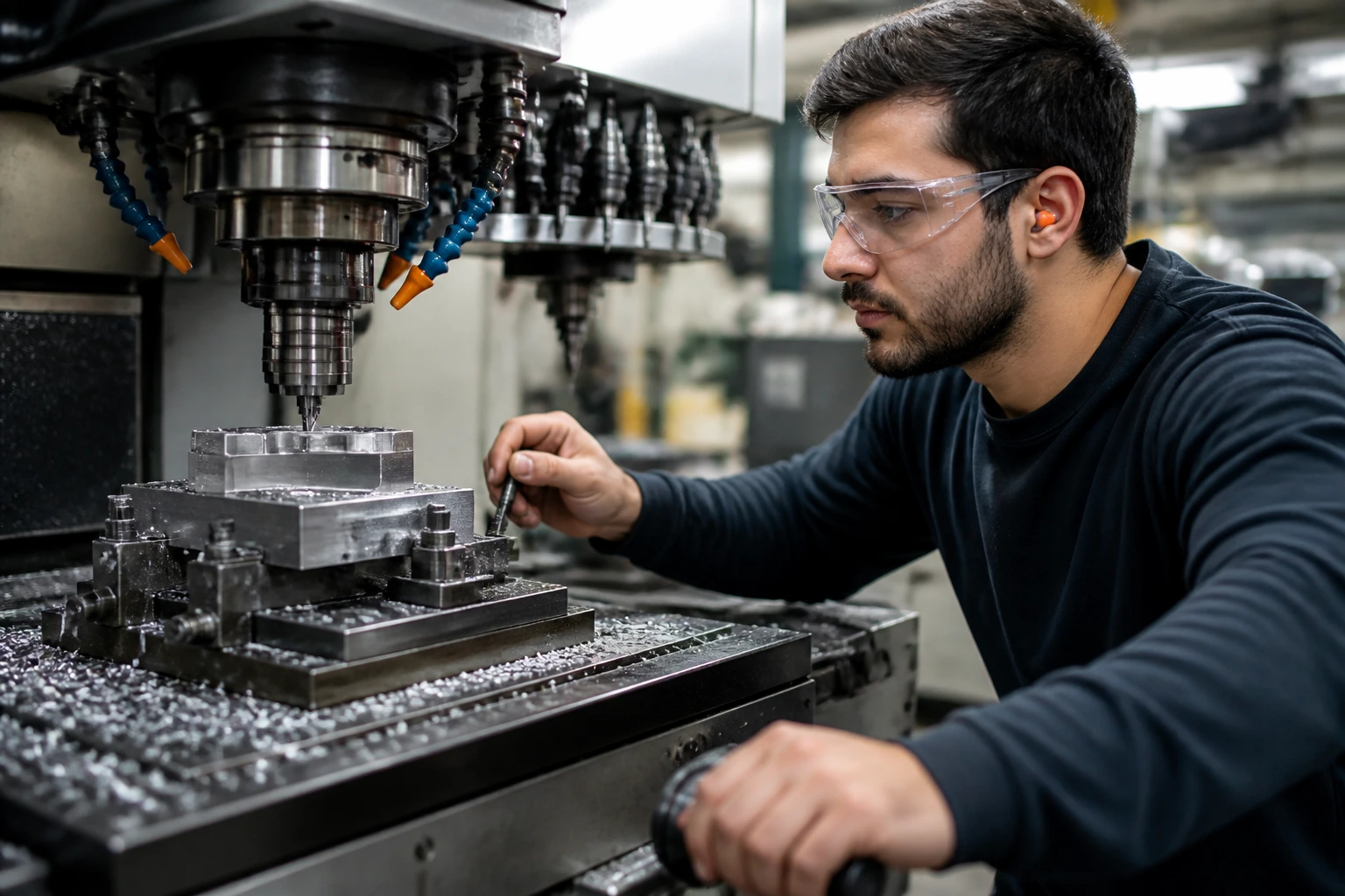 CNC machinist at Linamar shop floor operating a milling machine.