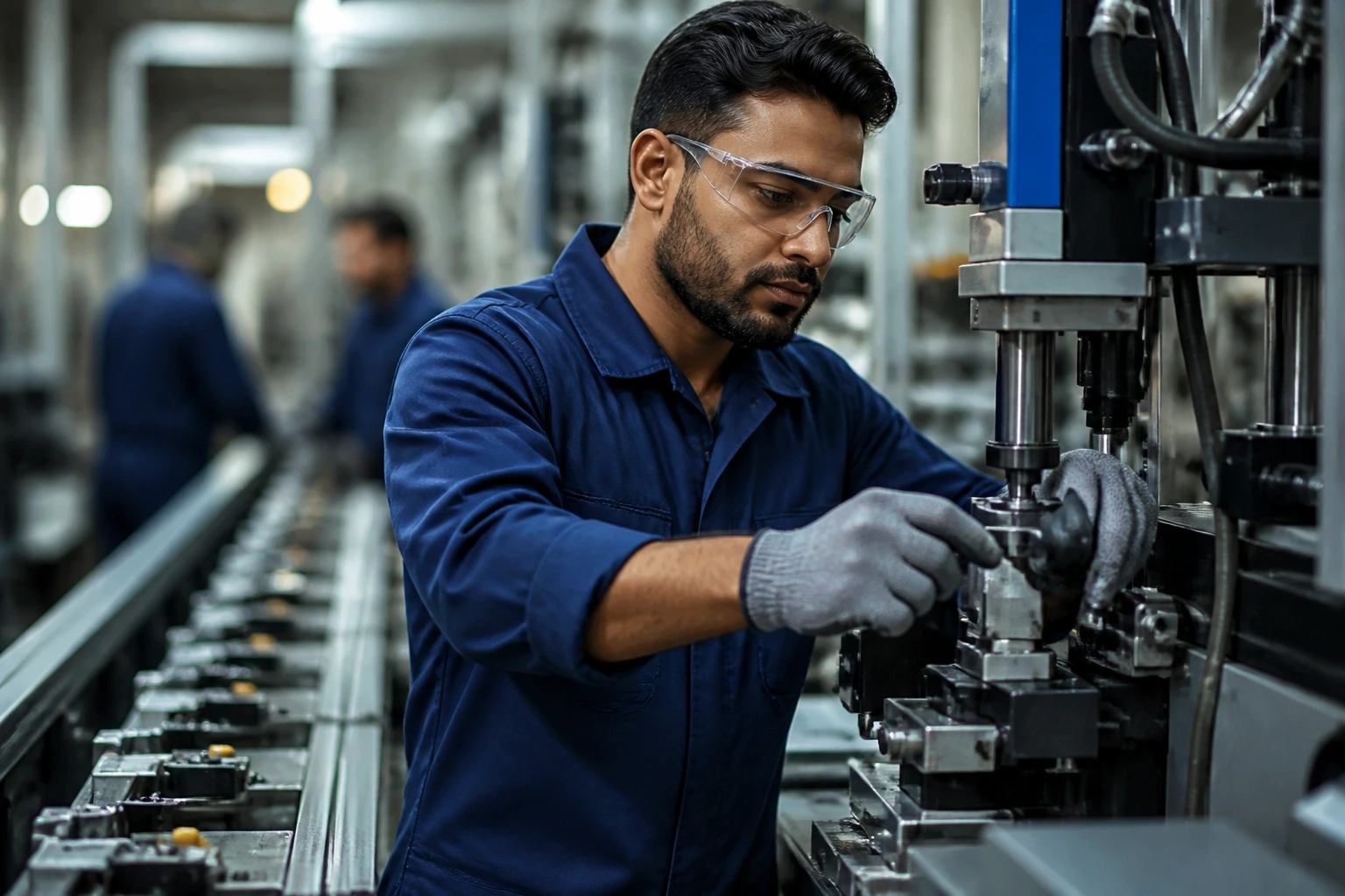 Operator operating a near-line machine in a manufacturing plant