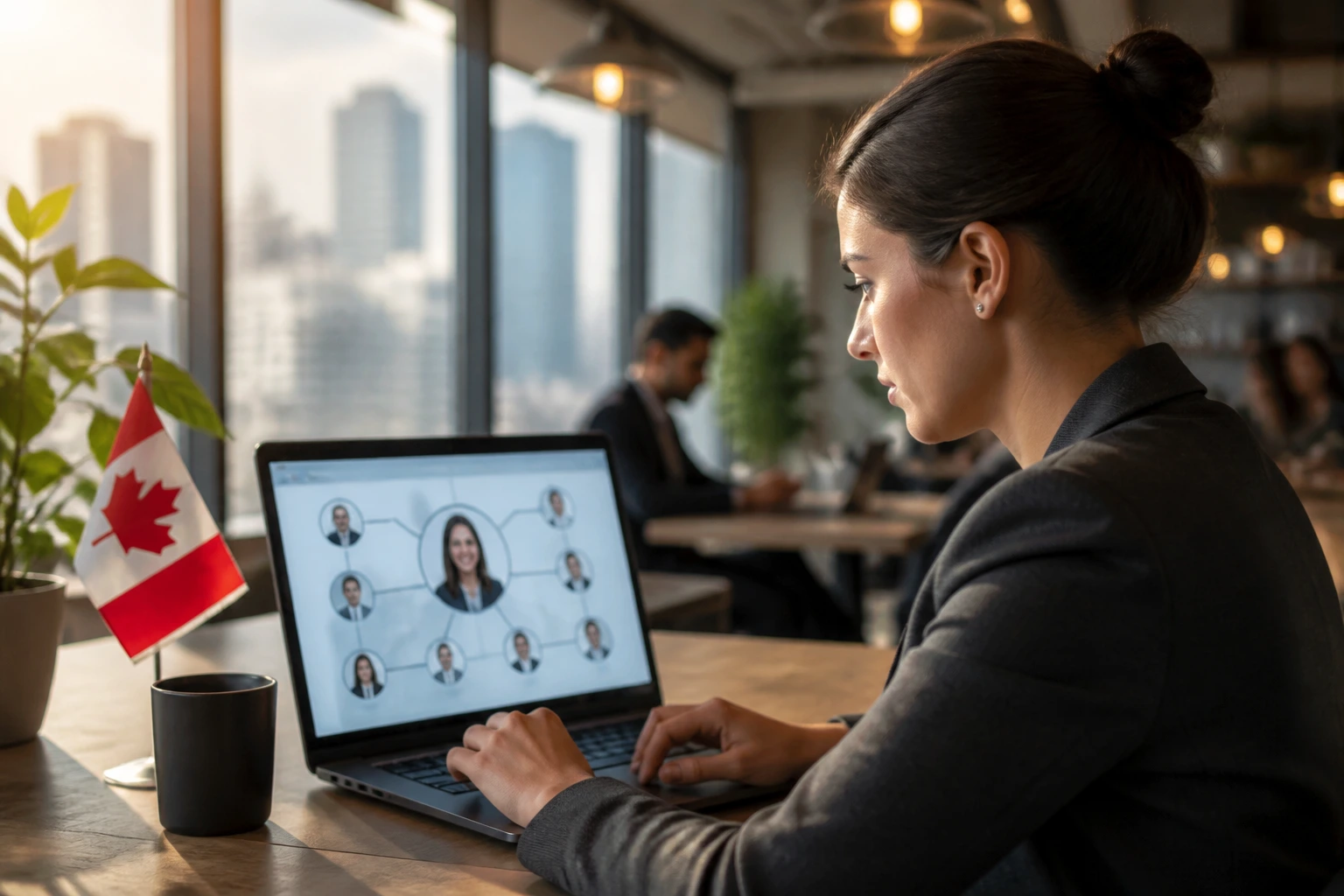 Close-up portrait of a professional using a laptop in a coworking space, implying LinkedIn networking without text.