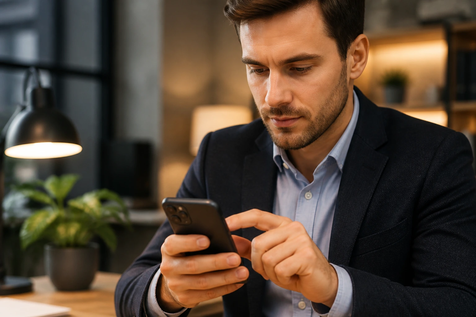 Professional typing on smartphone with a focused expression.
