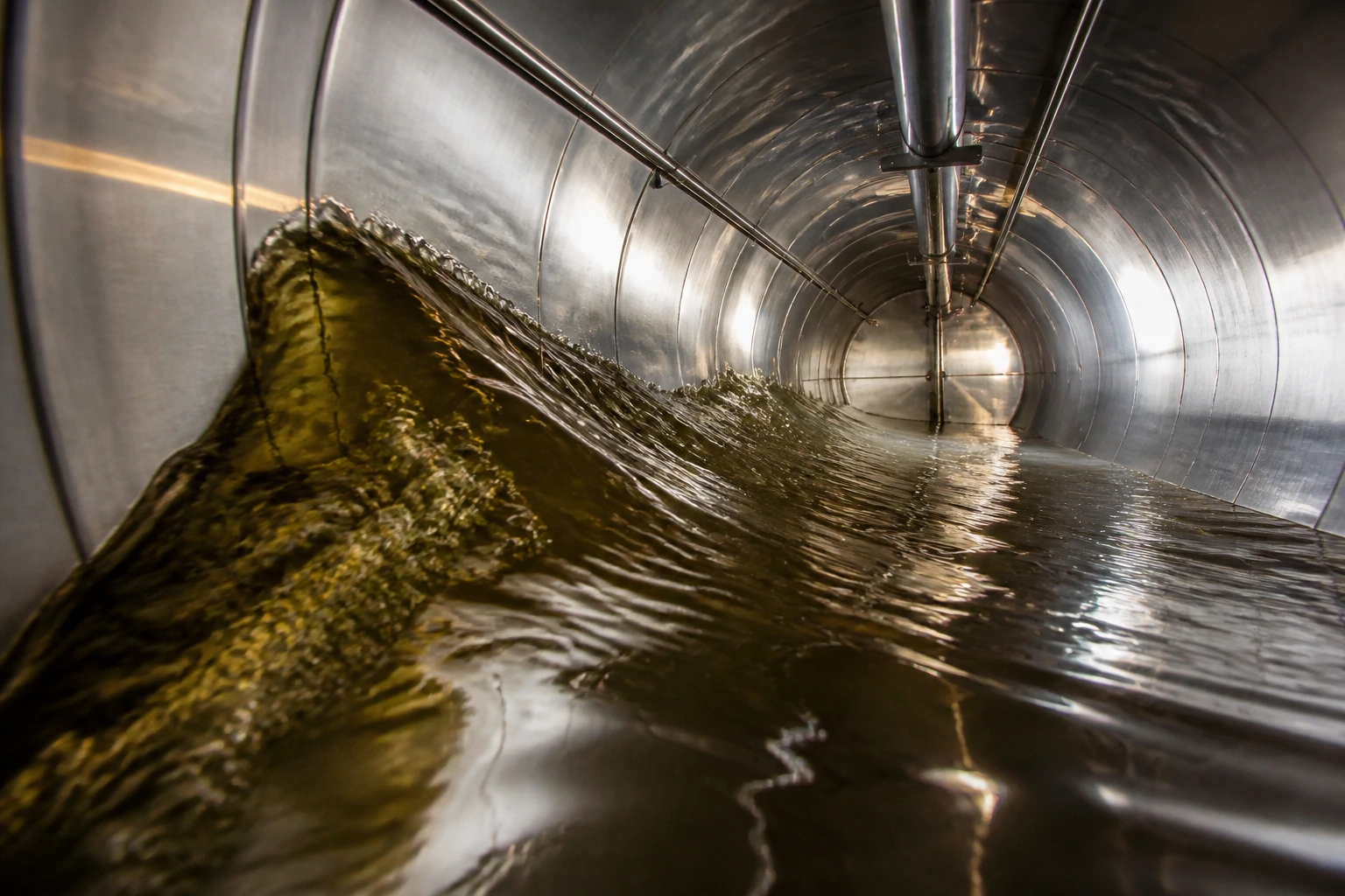 Close-up of liquid sloshing inside a tanker trailer near the curved wall