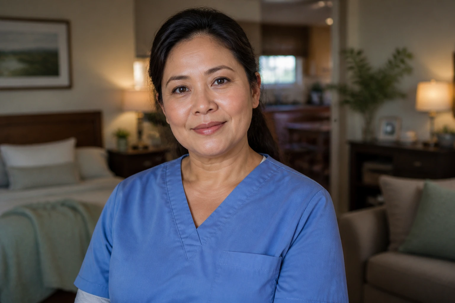 Close-up portrait of a real live-in caregiver in a warm home setting.