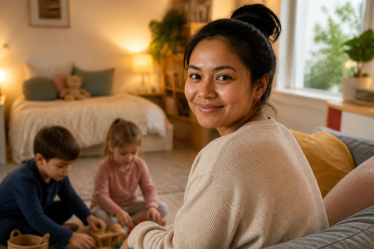 Portrait of a caregiver in a cozy home setting with a confident expression