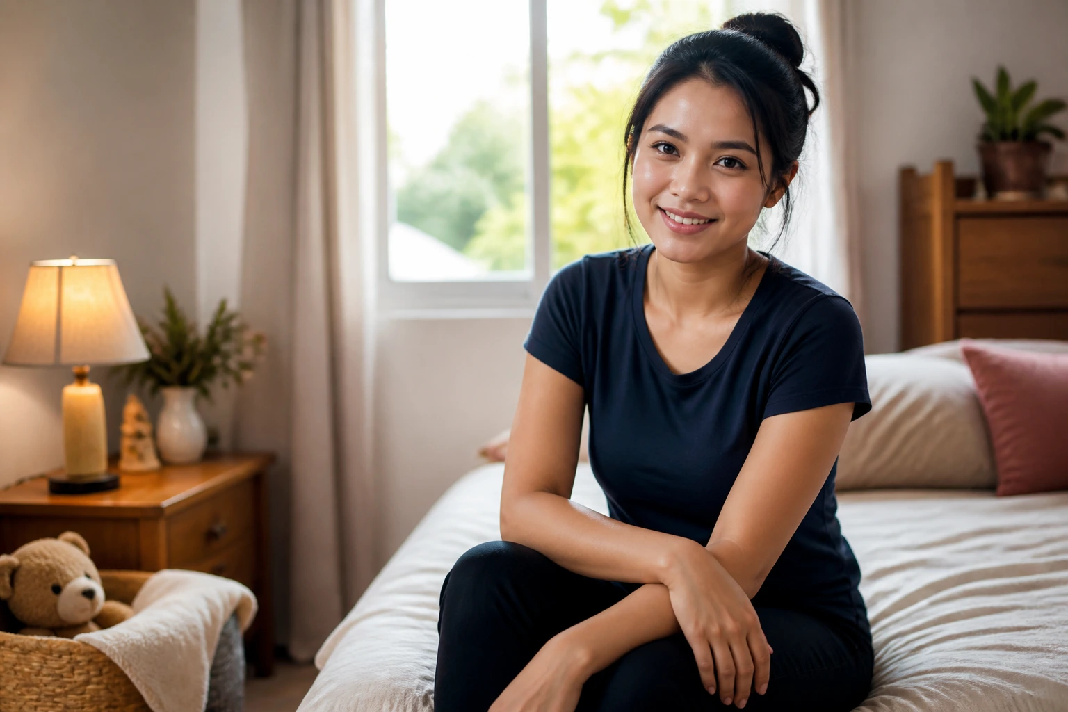 Close-up portrait of a live-in nanny in a private bedroom, home setting with warm natural light.