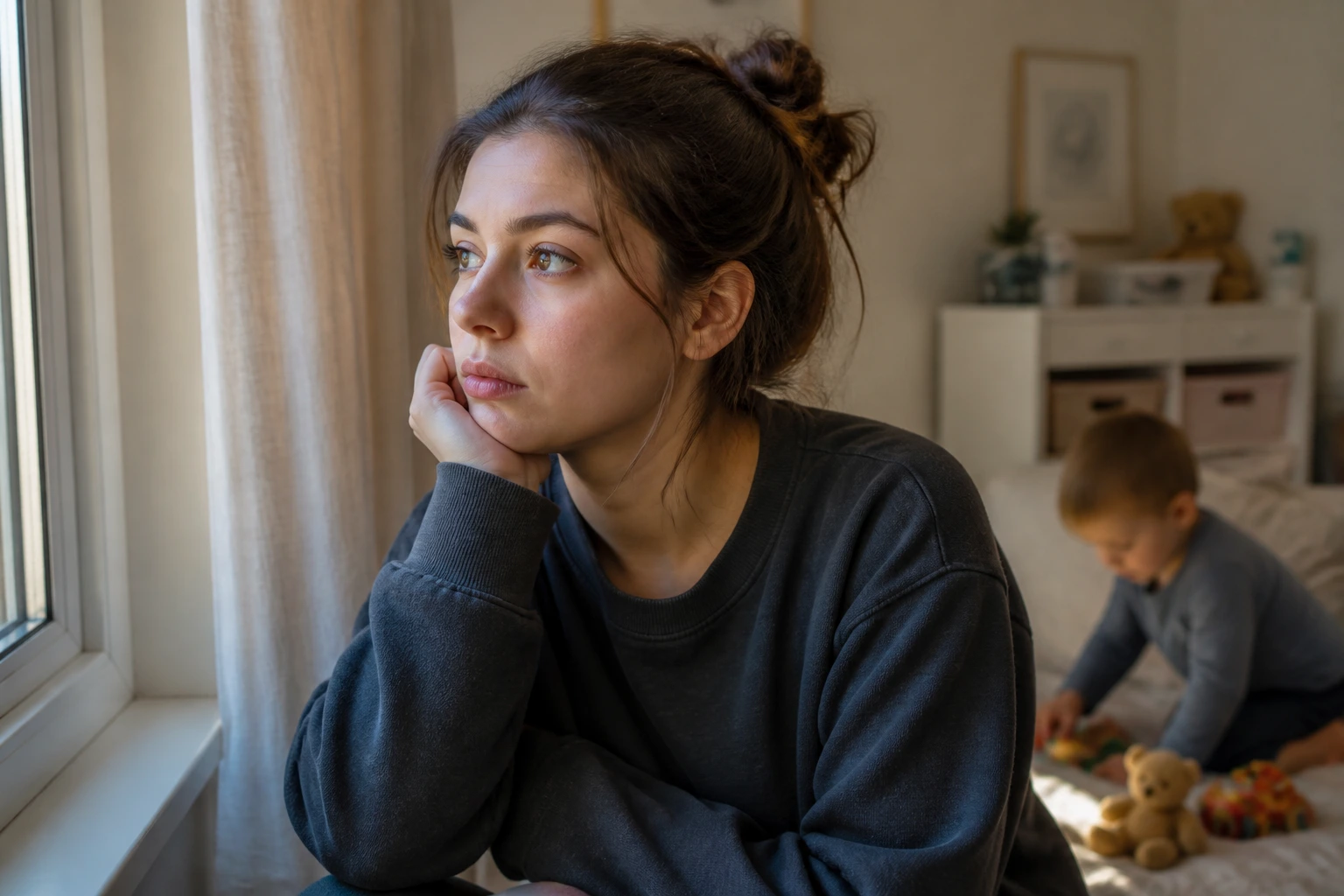 Close-up portrait of a live-in nanny in a cozy home with morning light