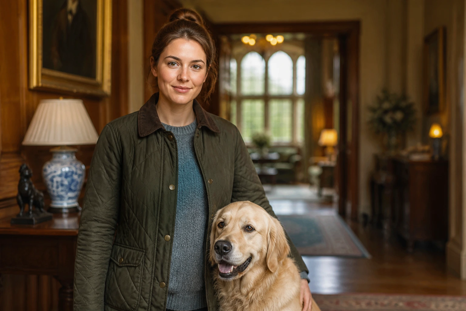 Portrait of a person with a dog in a country estate interior, illustrating live-in vs private estate pet-care contexts