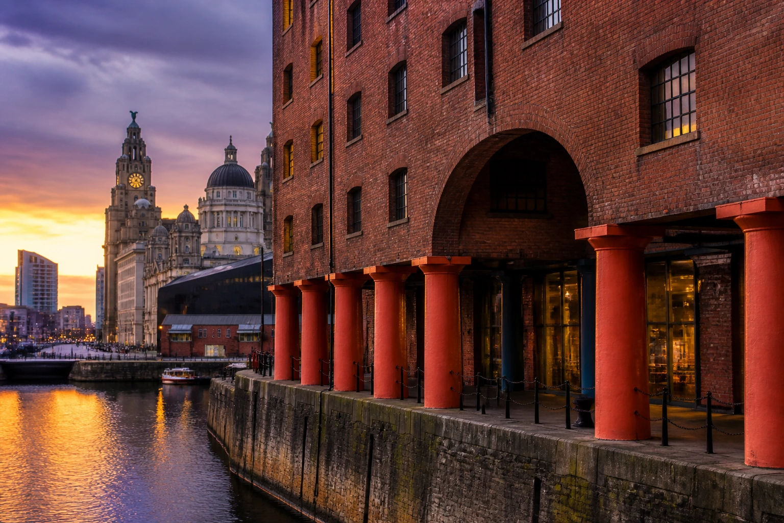 Close-up of Liverpool dockside brick building near water