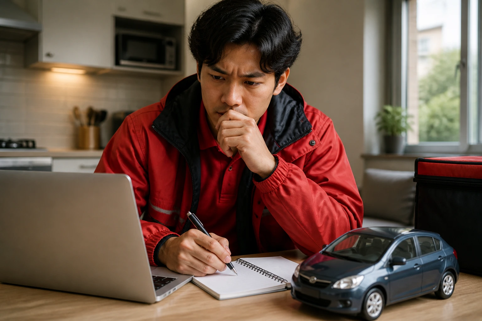 Budget-conscious pizza delivery worker reviewing living and car costs in a realistic Australian apartment