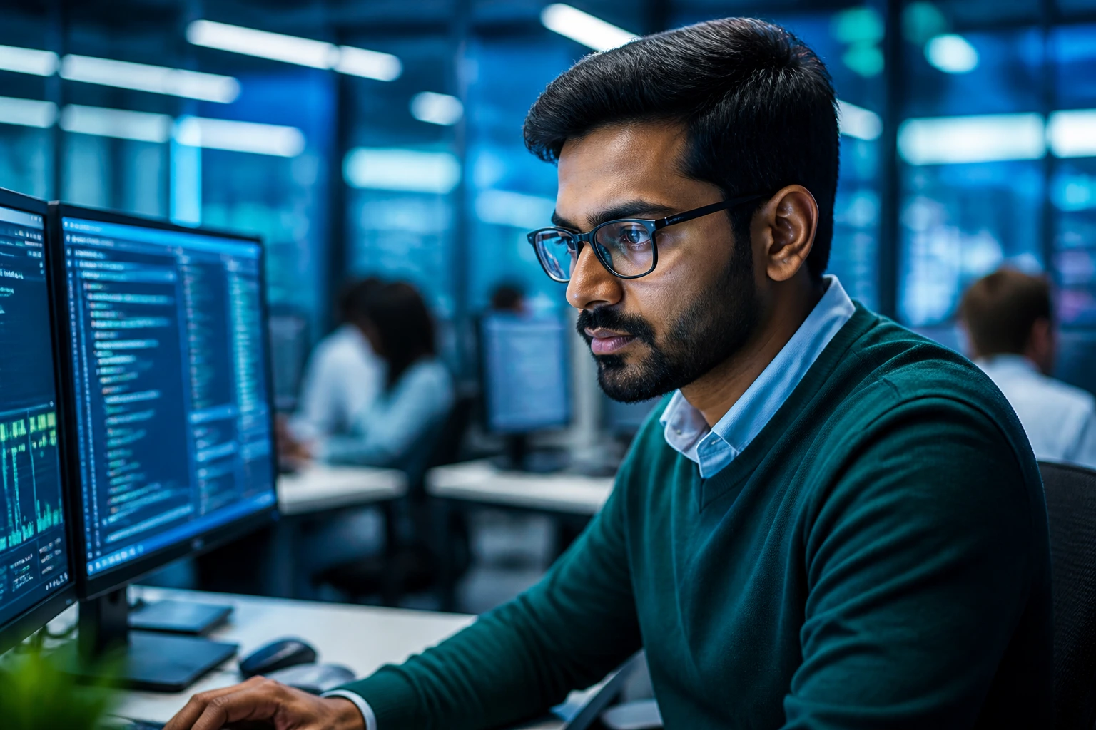 Close-up portrait of a software engineer in a Lloyds Banking Group tech hub.
