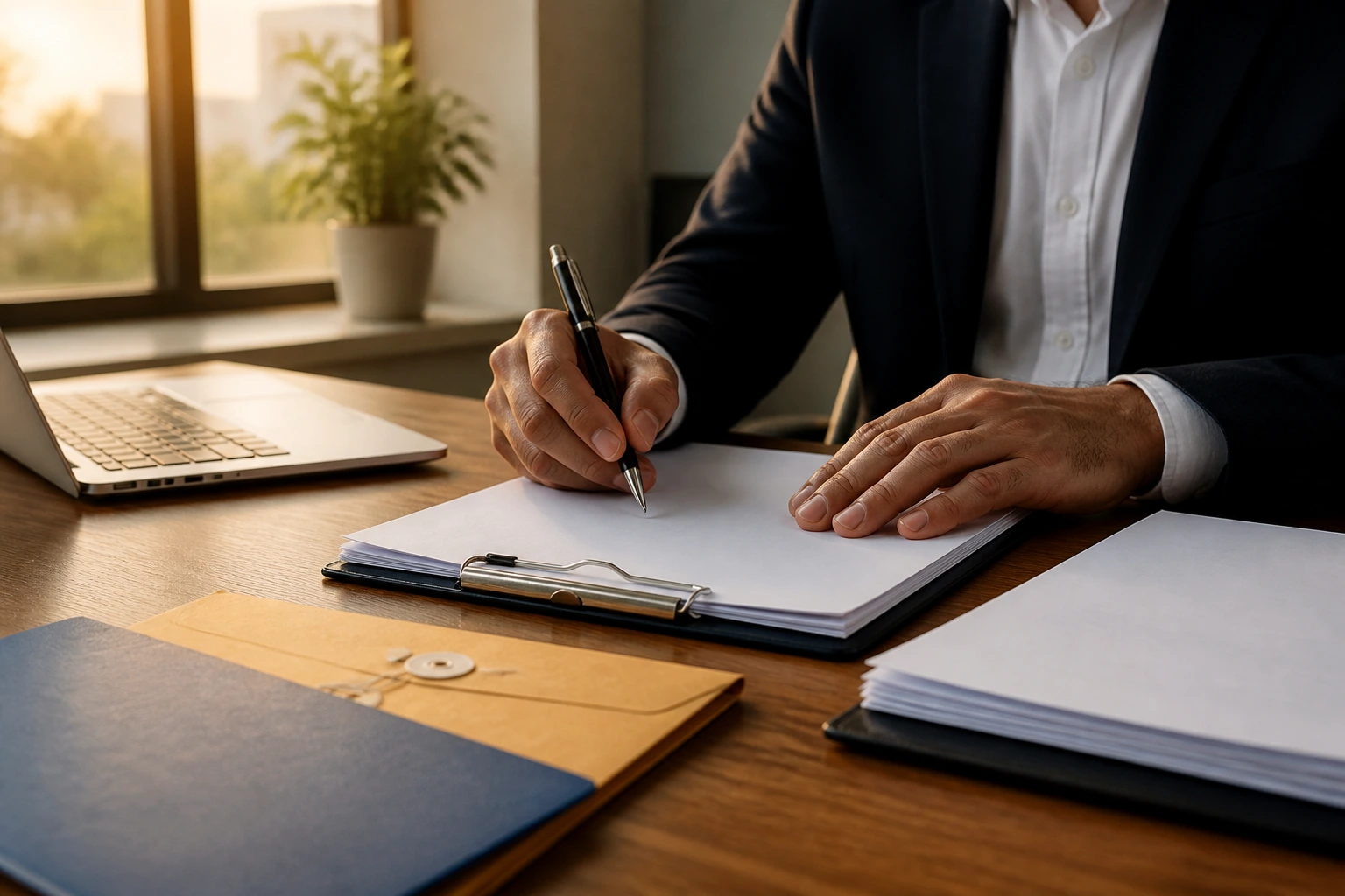 Close-up of hands over blank documents and a laptop in an office, illustrating LMIA process steps