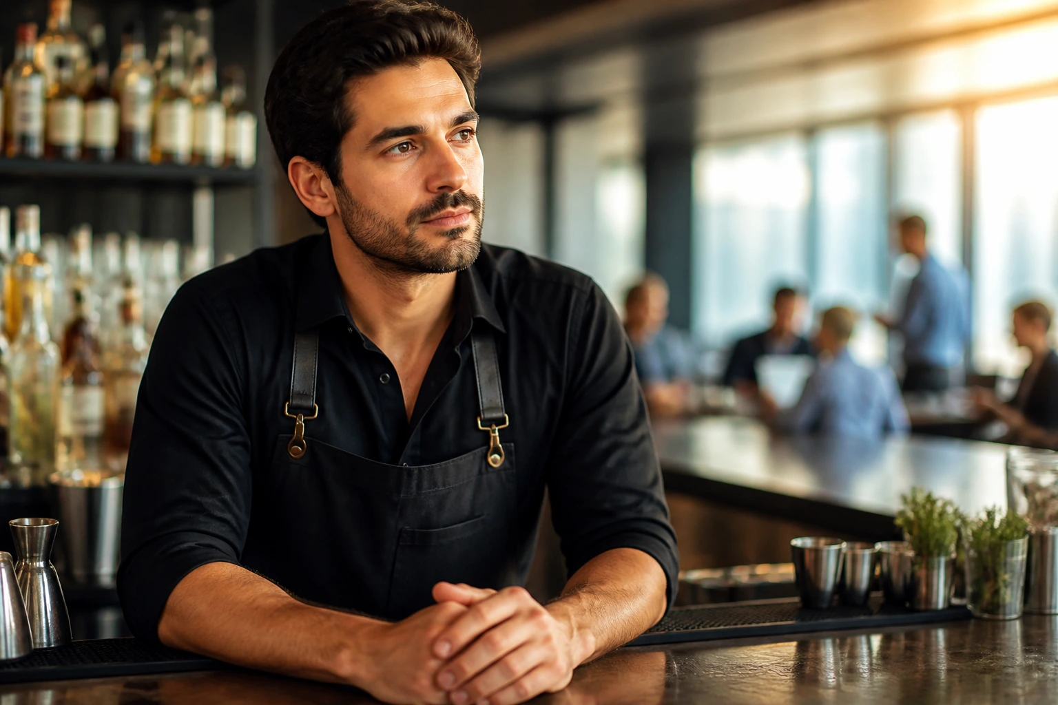 Bartender in thoughtful pose with a blurred office background
