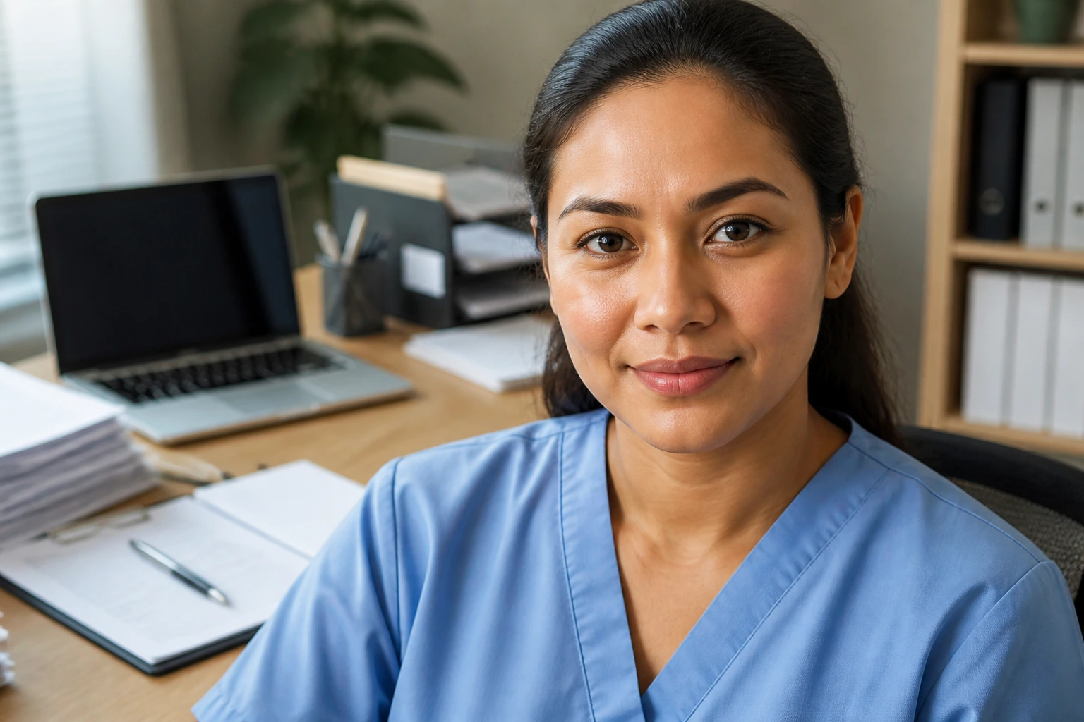 Close-up of a caregiver at a desk, illustrating the LMIA process