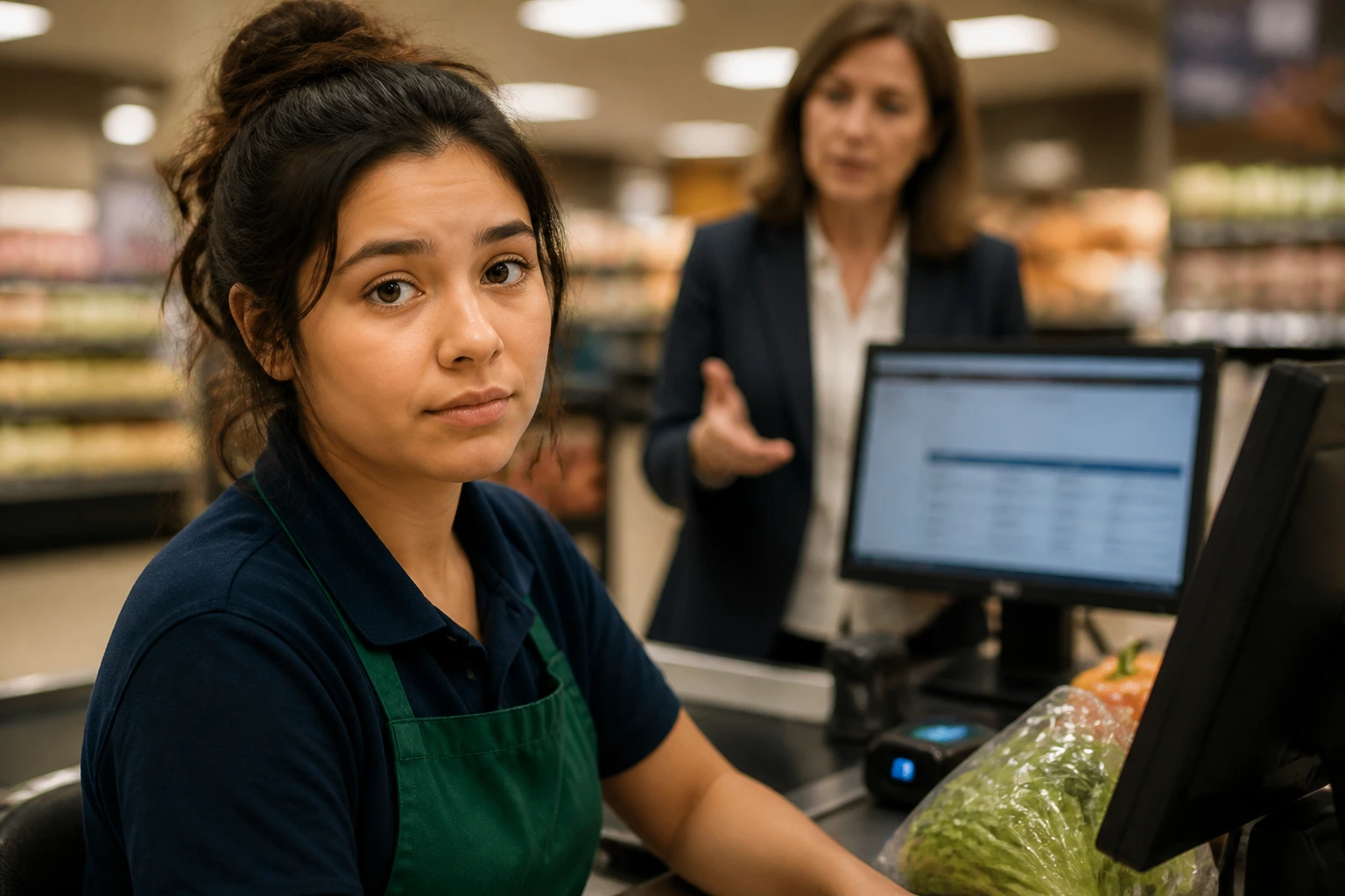 Close-up of a supermarket cashier at the register reflecting LMIA sponsorship challenges in Canada