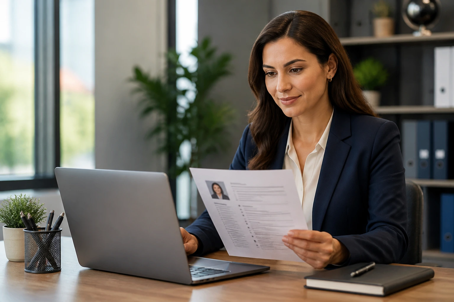 HR recruiter evaluating resumes for LMIA-backed jobs in a modern office