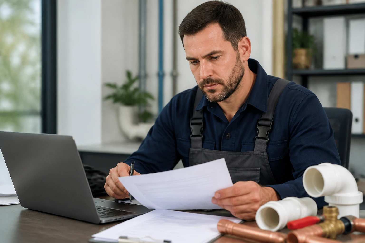 Plumber at a desk reviewing LMIA-related documents