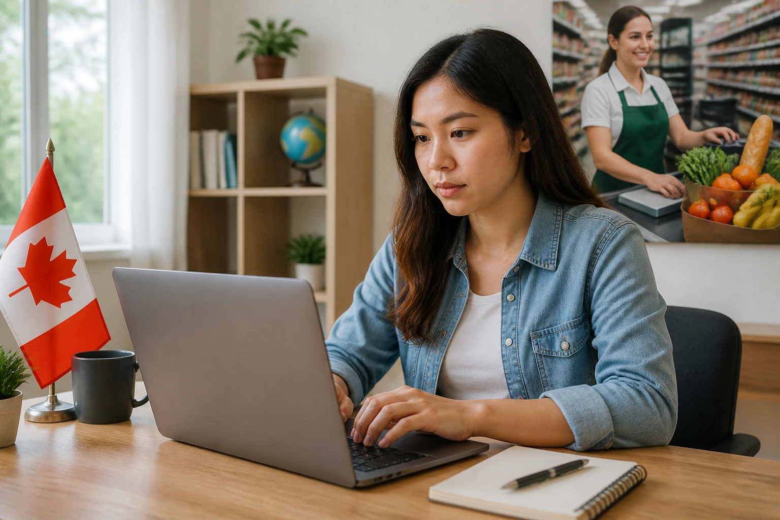 Person searching for LMIA-backed cashier jobs on laptop in home office.