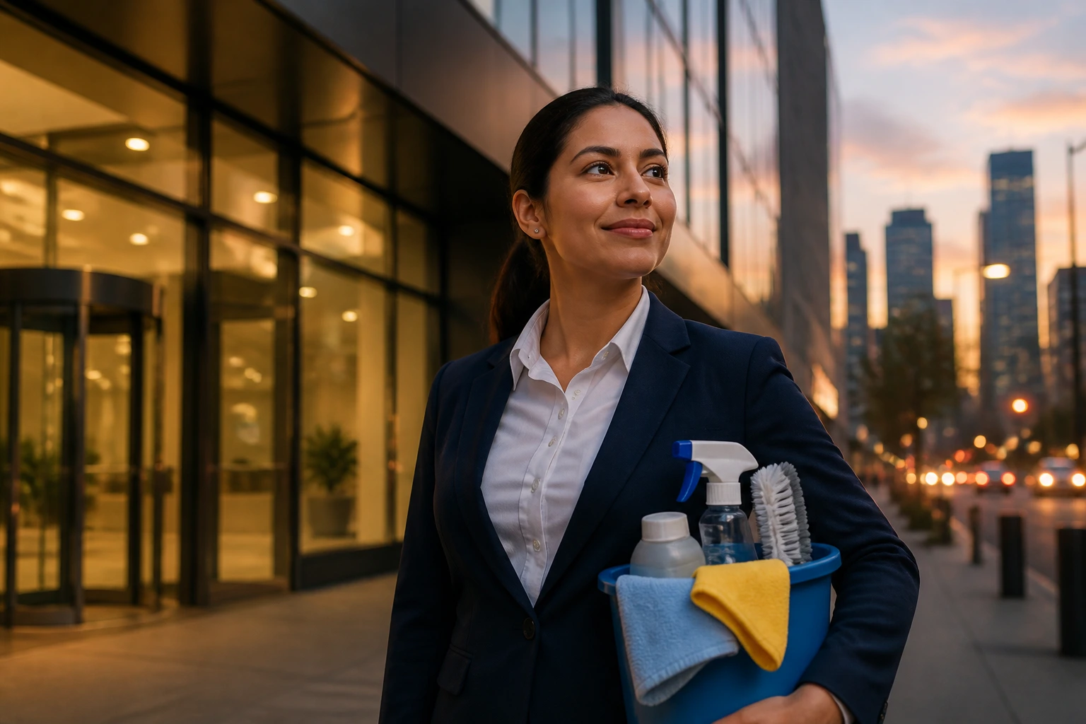 Job seeker outside building representing LMIA cleaner postings
