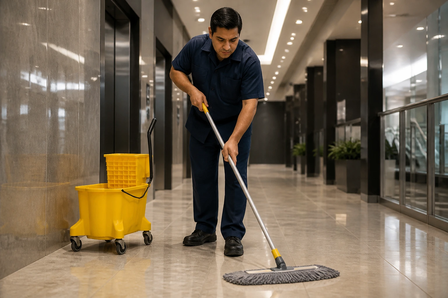 Janitor in uniform cleaning floor in a large building corridor