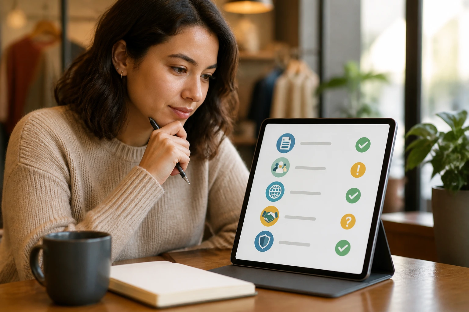 Person reading a job posting on a tablet in a cafe-like setting, screen shows a symbol-based LMIA checklist with no text.