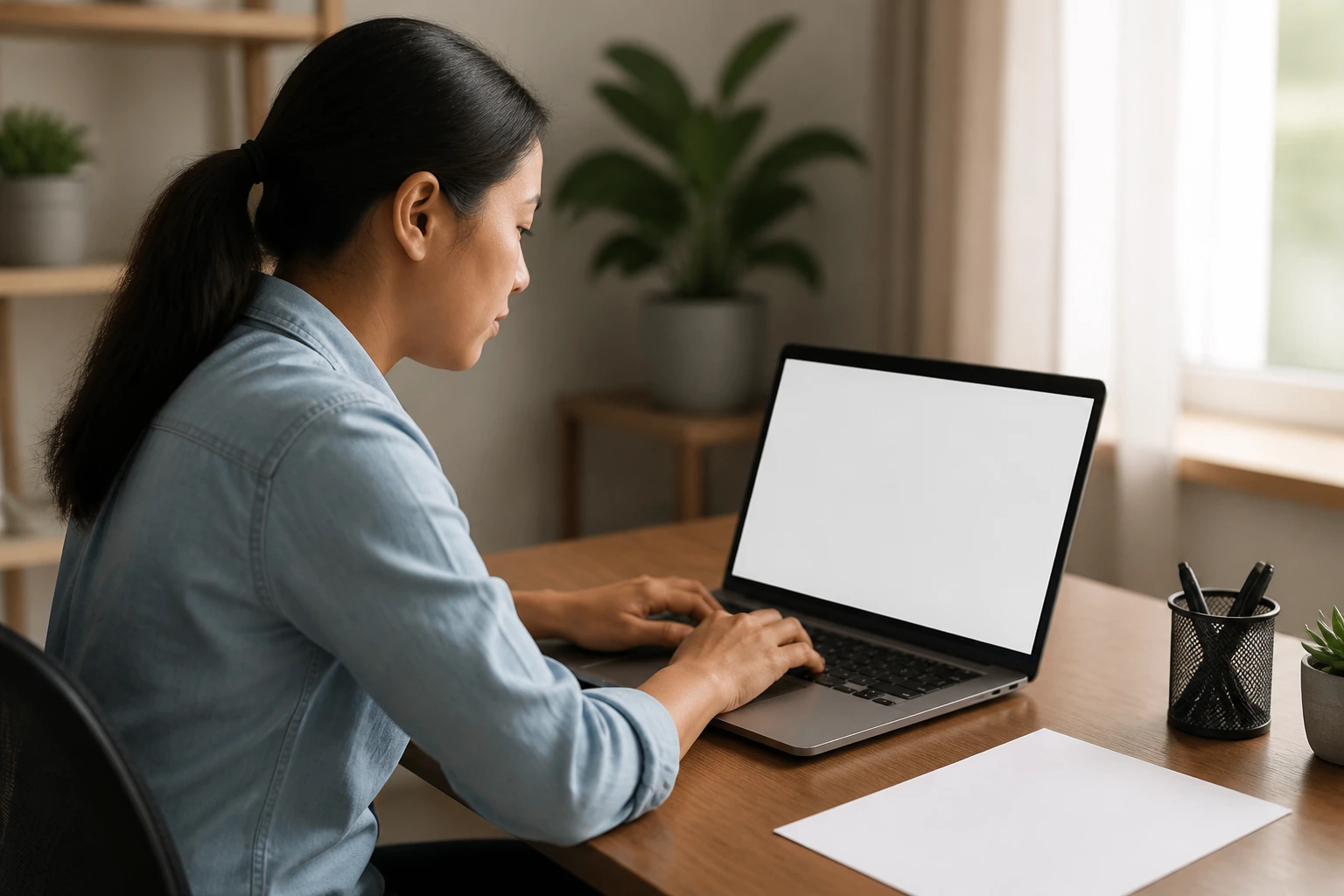 Person drafting an LMIA-focused cover letter at a desk with blank documents.