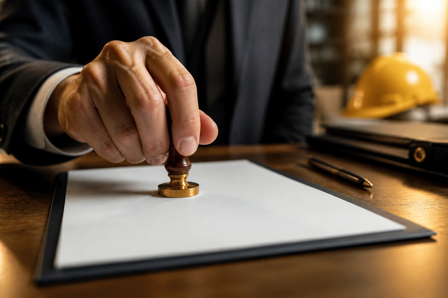 Hand placing seal on official document representing LMIA process