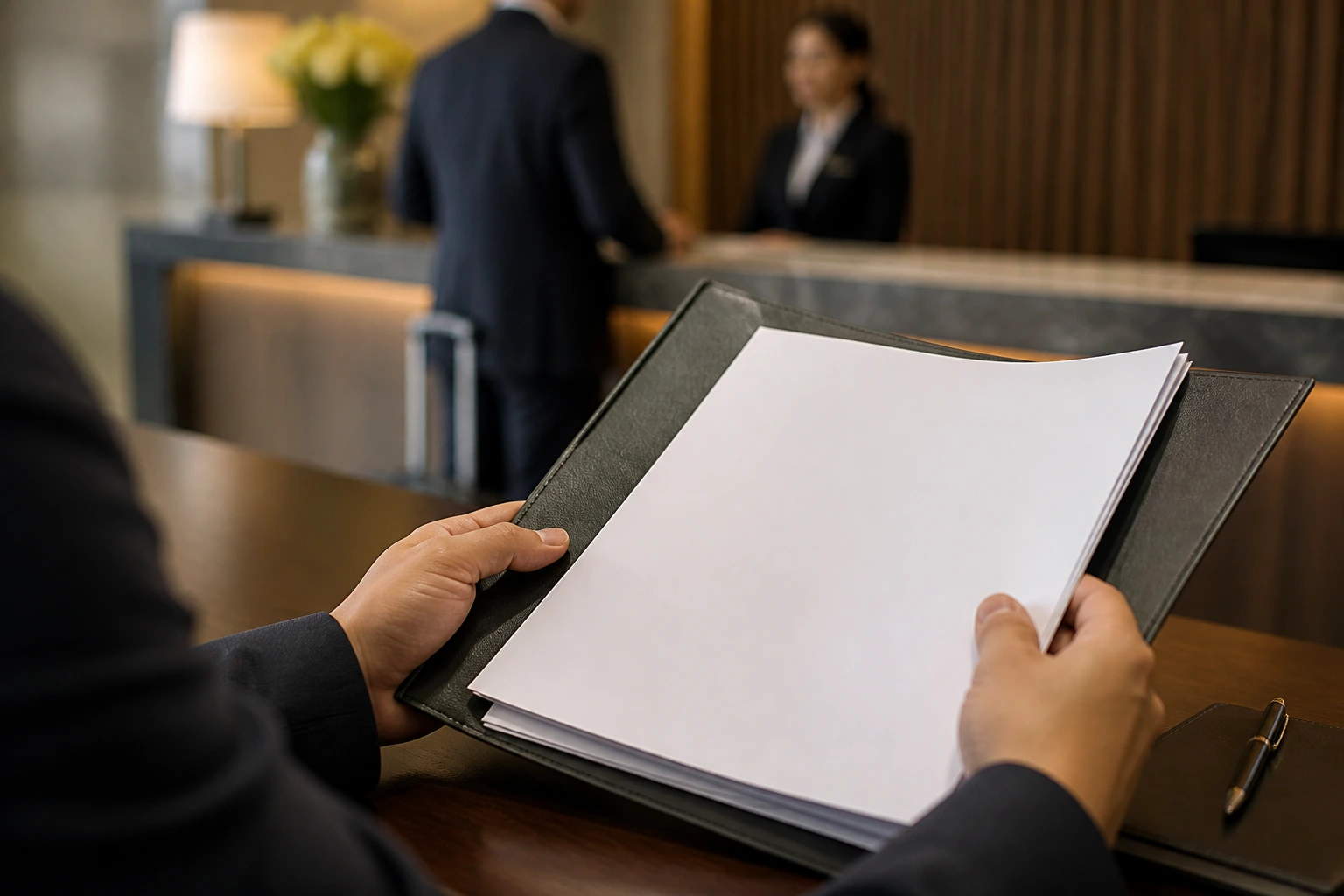 Hands with LMIA-related documents at a hotel reception
