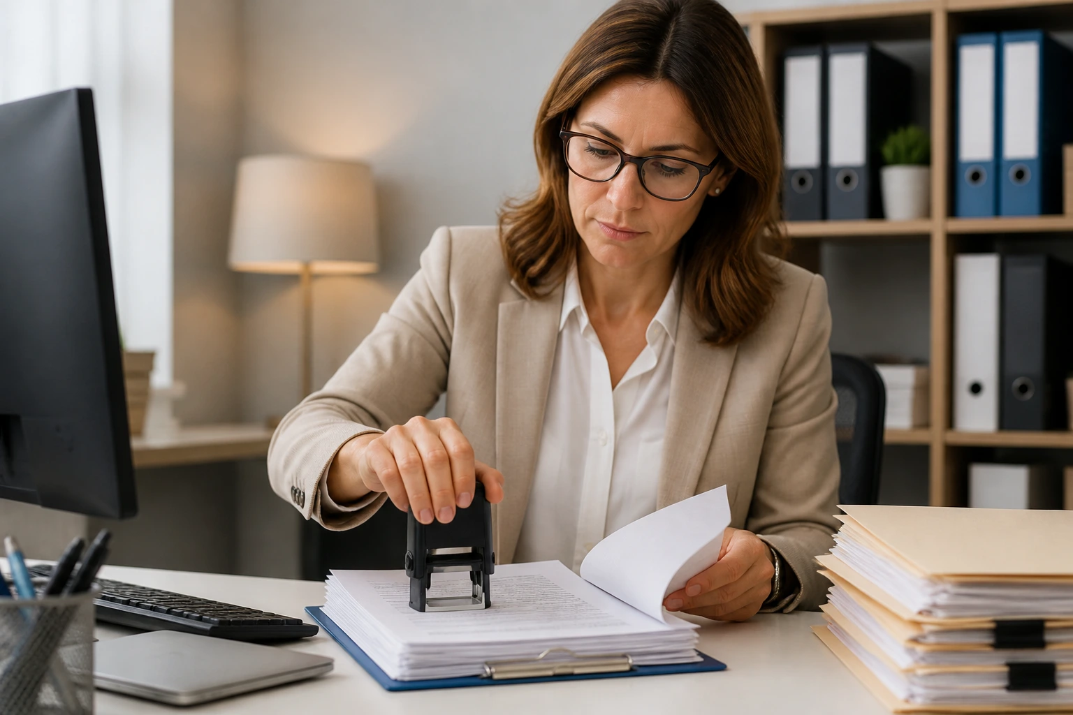 Professional reviewing LMIA-related documents at a desk