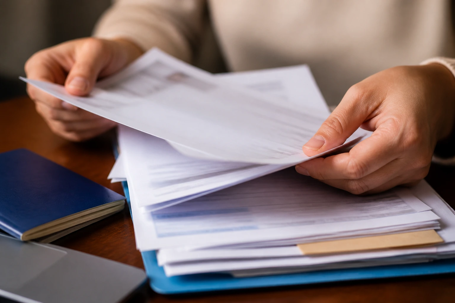 Hands sorting blurred documents with passport hinting at LMIA paperwork