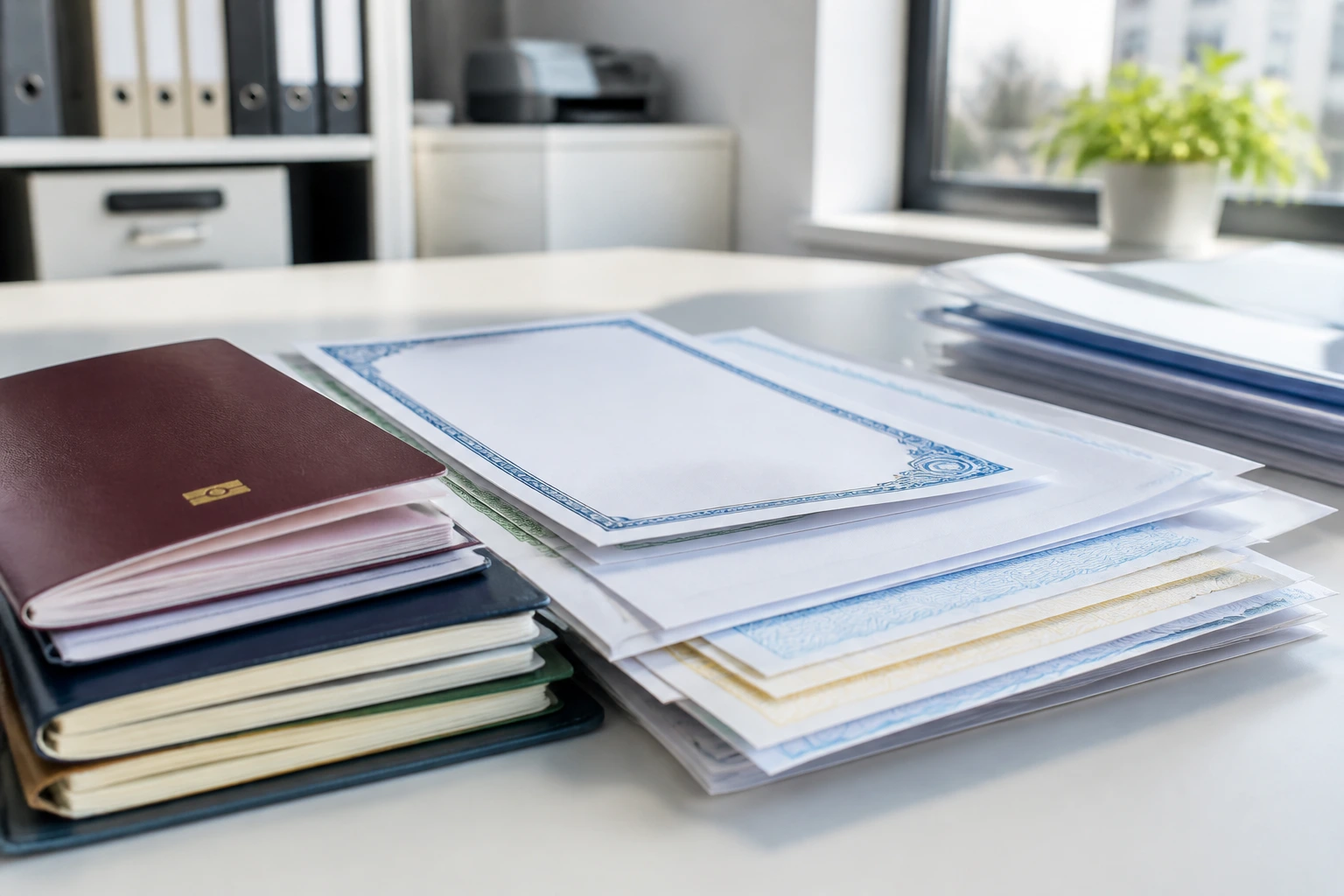 Close-up of blank documents on a desk for LMIA paperwork