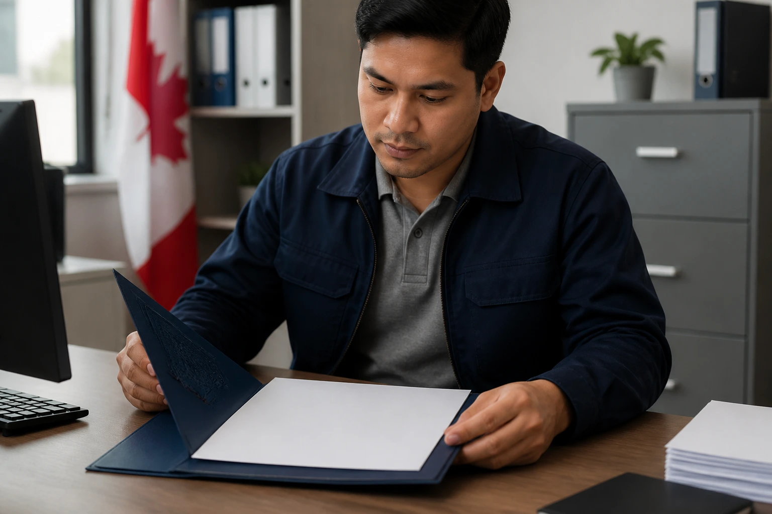 Hands on blank documents in a desk setting illustrating LMIA workflow