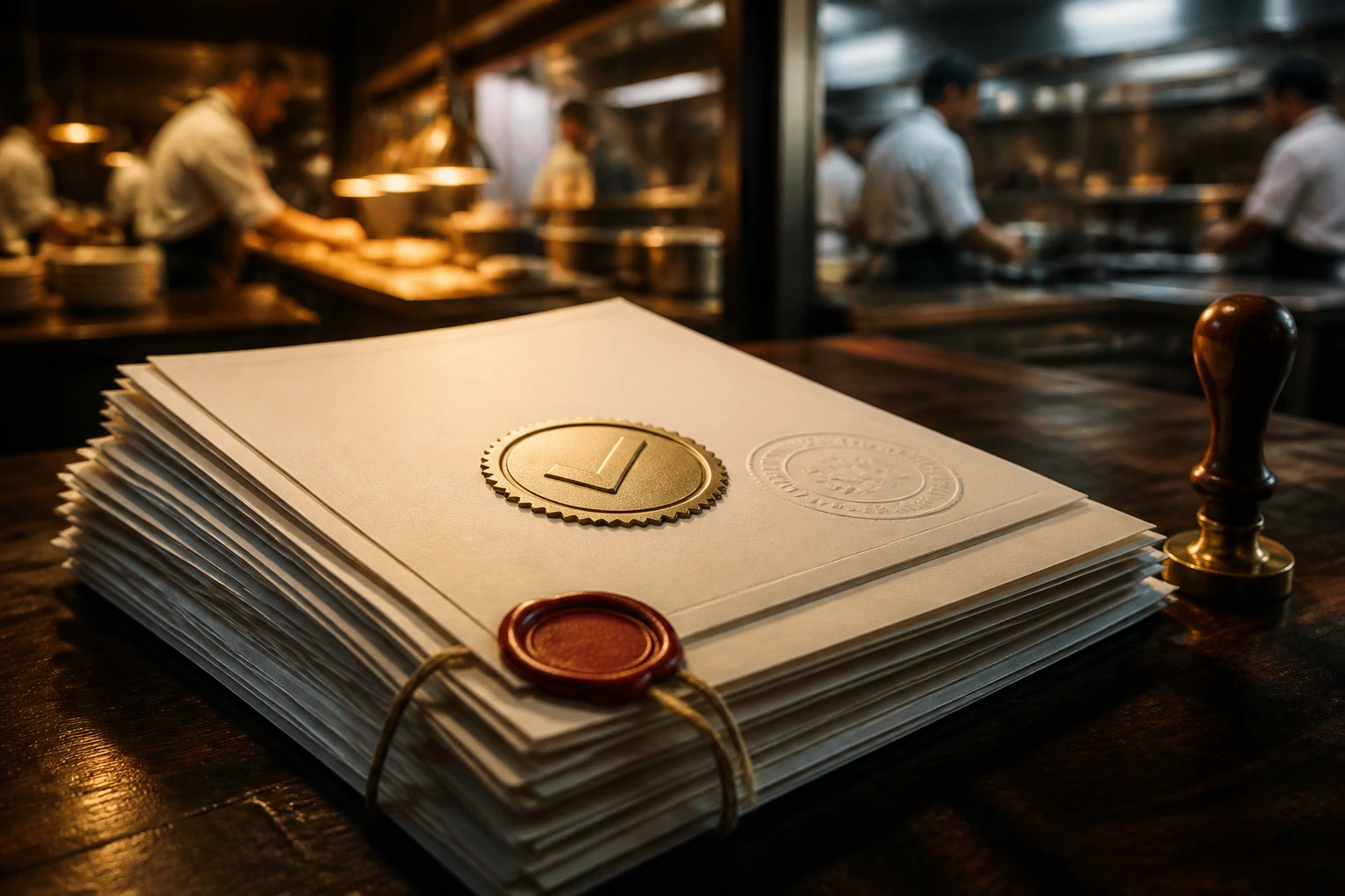 Close-up of formal documents with seal on a desk, blurred restaurant kitchen in background