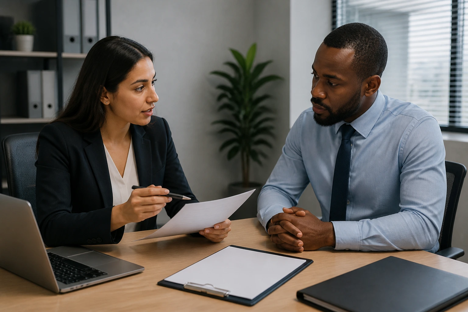 Office scene with two professionals discussing a sponsorship process
