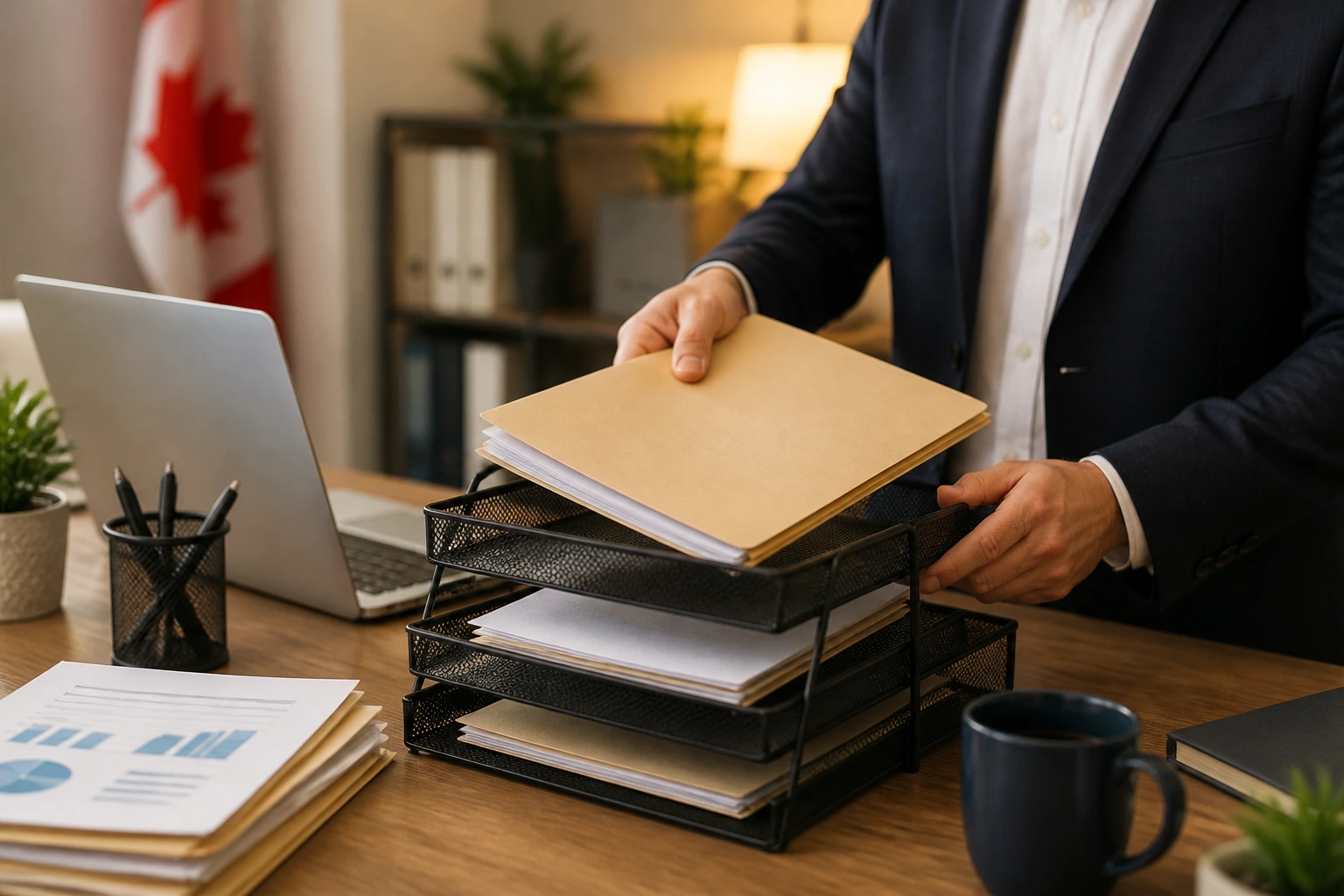 Desk scene showing an organized folder being placed into a tray in a quiet office