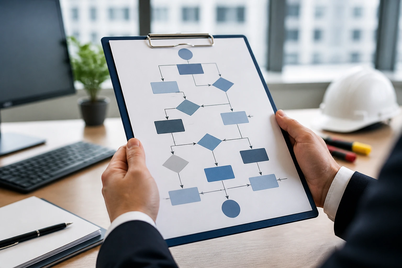 Close-up of hands holding a clipboard with an abstract flowchart representing a government LMIA process, no visible text
