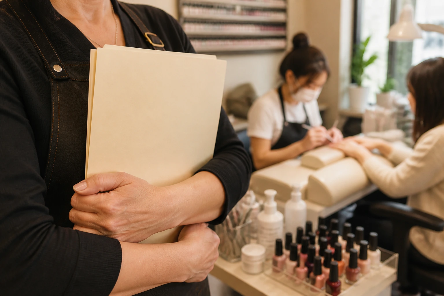 Close-up of hands holding a plain folder representing LMIA-backed hiring, in a busy salon