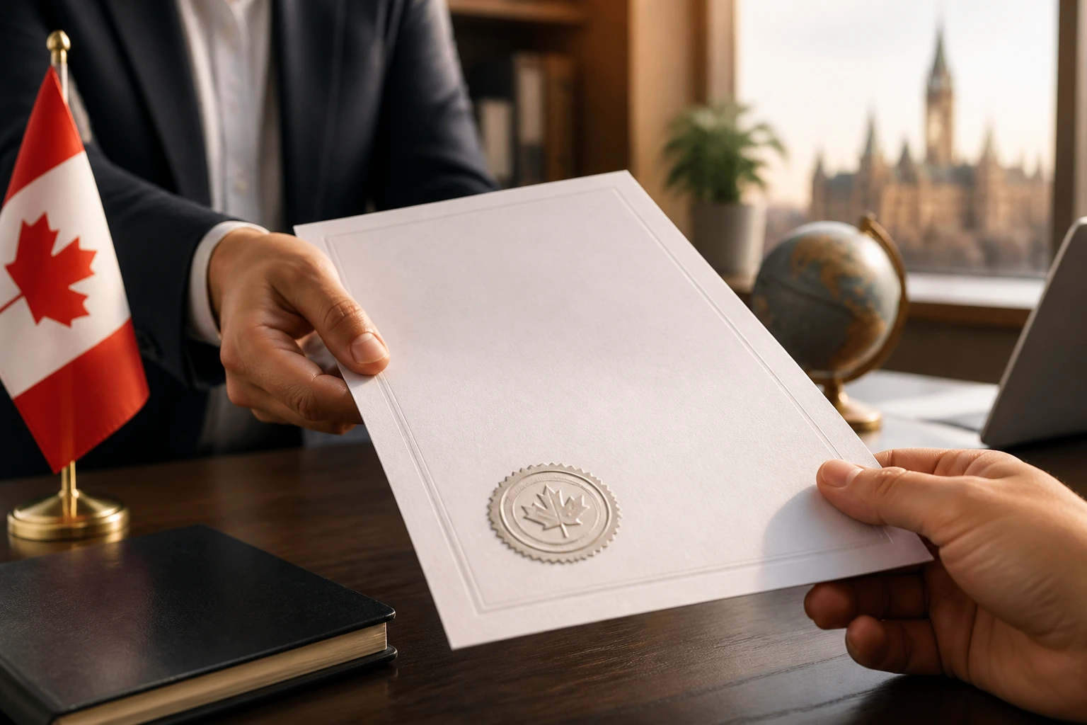 Close-up of a seal-imprinted official document symbolizing LMIA approval on a desk