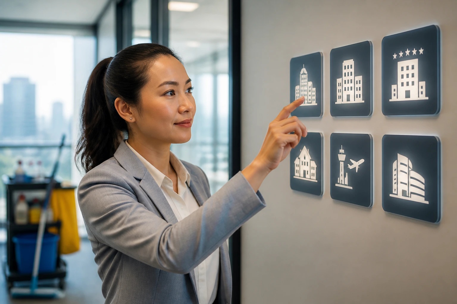 Portrait of a job seeker in an office, reaching toward abstract icons on a wall.