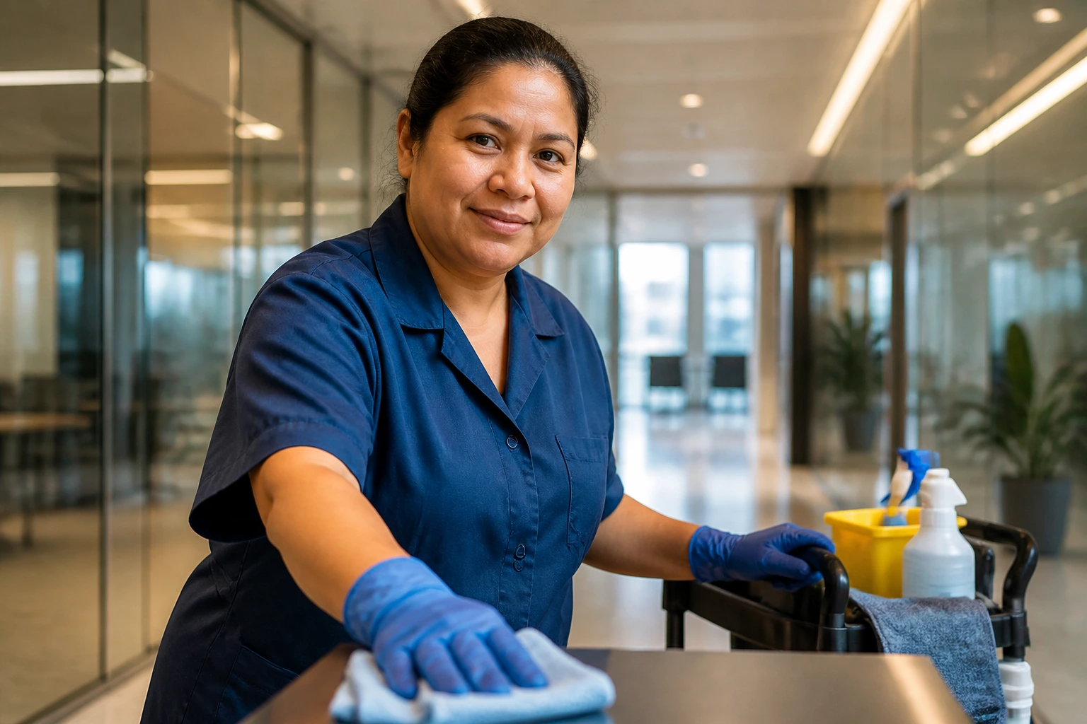 Close-up portrait of a janitor in blue uniform cleaning in a modern office hallway