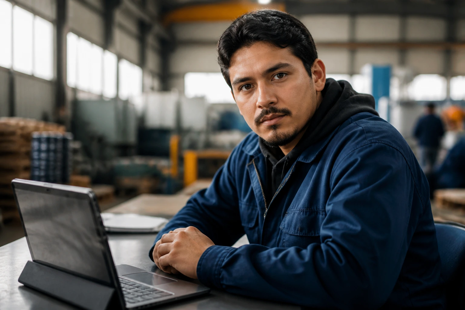 Portrait of a real applicant in a casual workspace with factory background