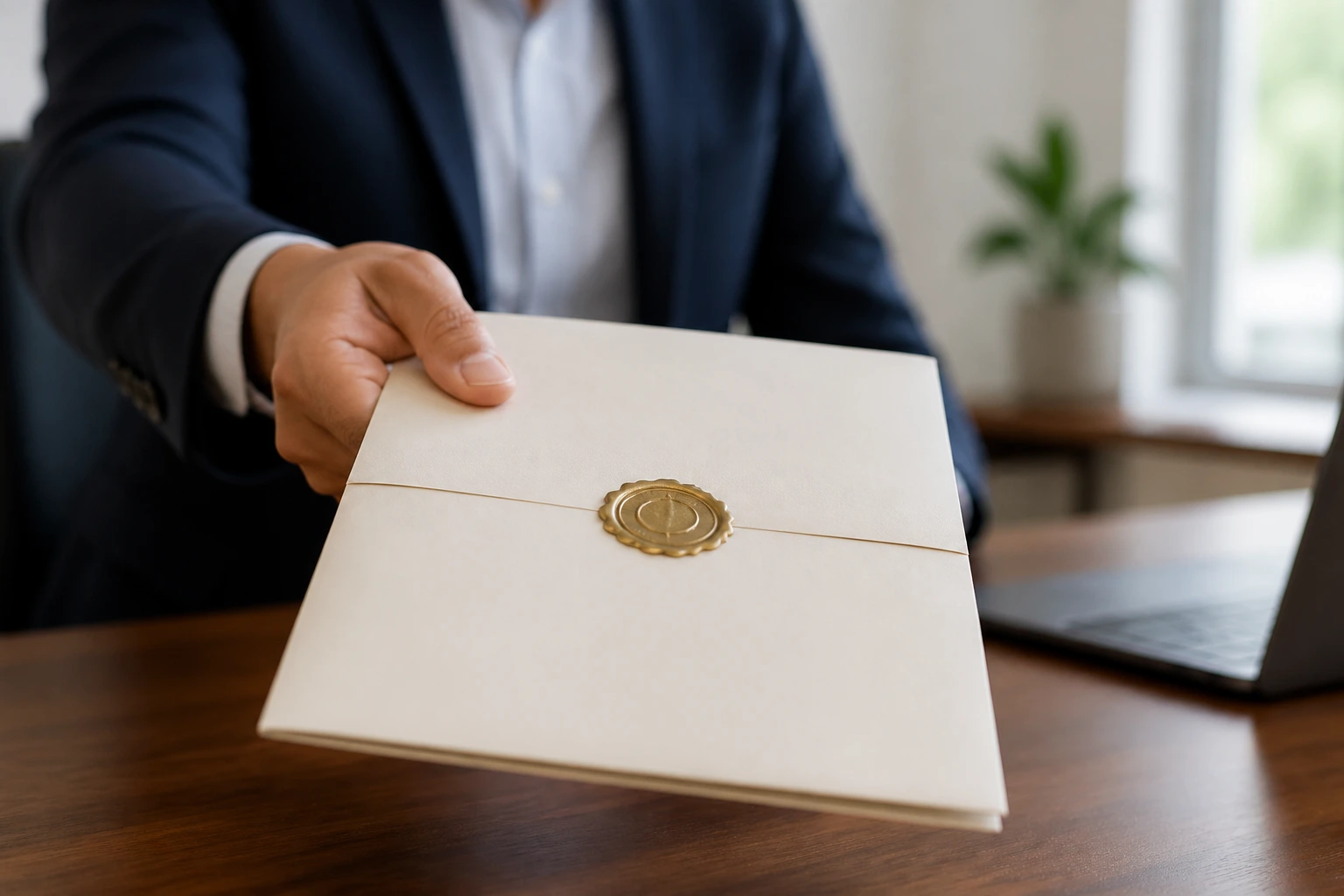 Close-up of a hand presenting a sealed job offer document in an office