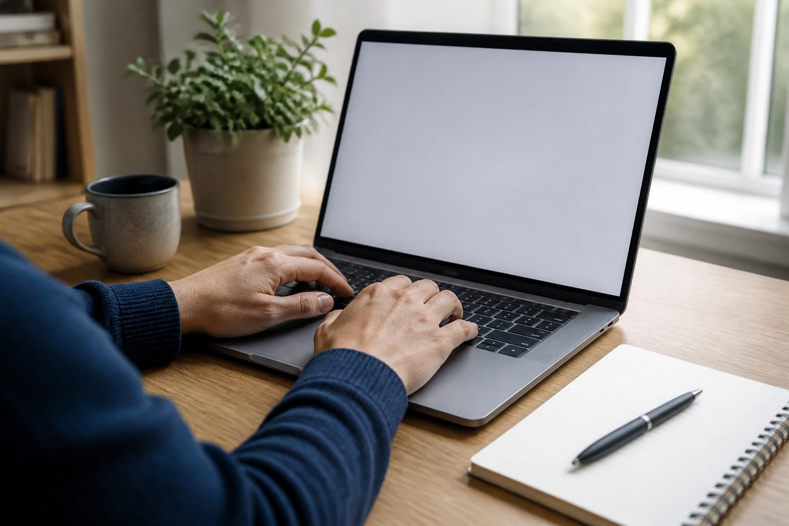 Hands on laptop with blank screen and notebook on a clean desk in a home office